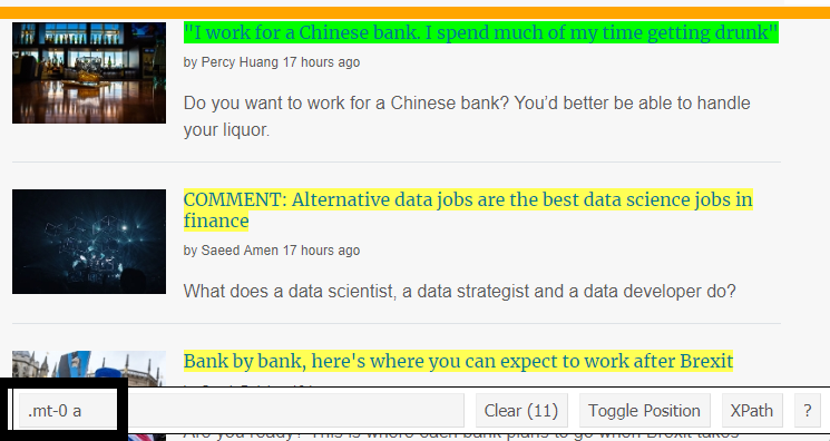 Click on the content you are after and the CSS selector will appear in the selectorgadget toolbar (bottom left).